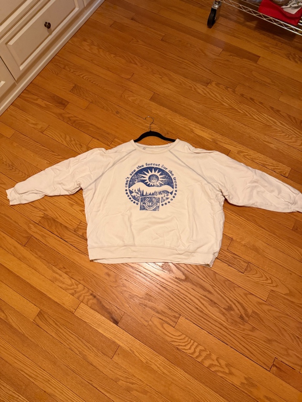 MOTHER Cream Crewneck Sweatshirt with Blue Nature Graphic